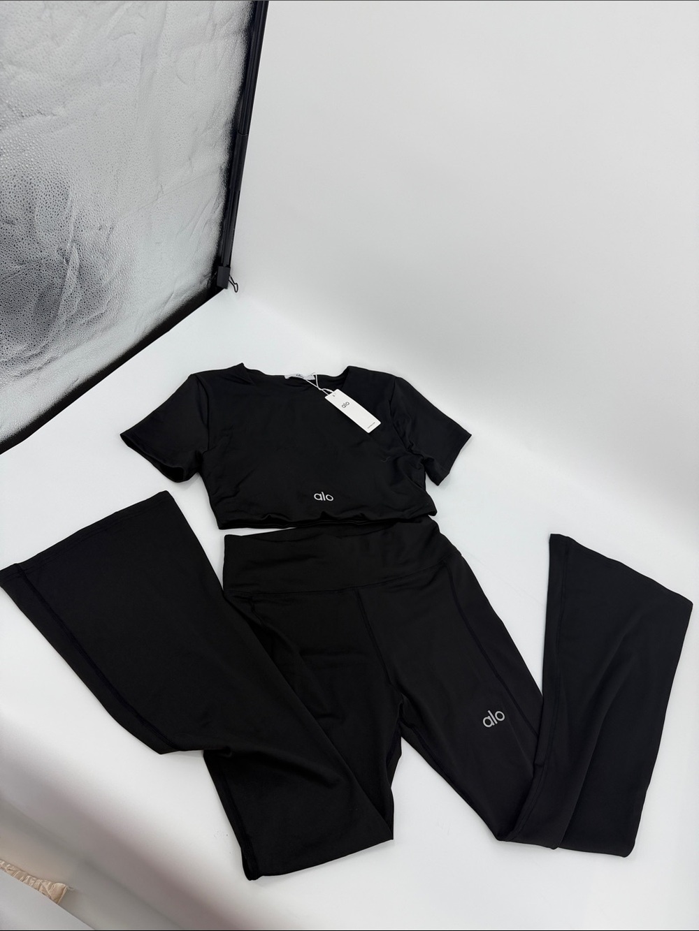 ALO Yoga Black Track Pants & Crop Tee Set